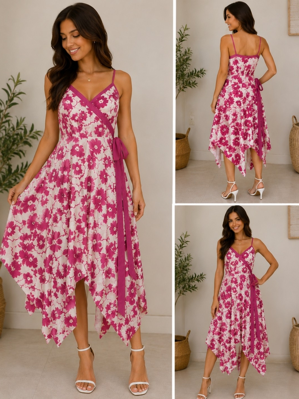 Banana Republic Pink Floral Handkerchief-Hem Wrap Dress